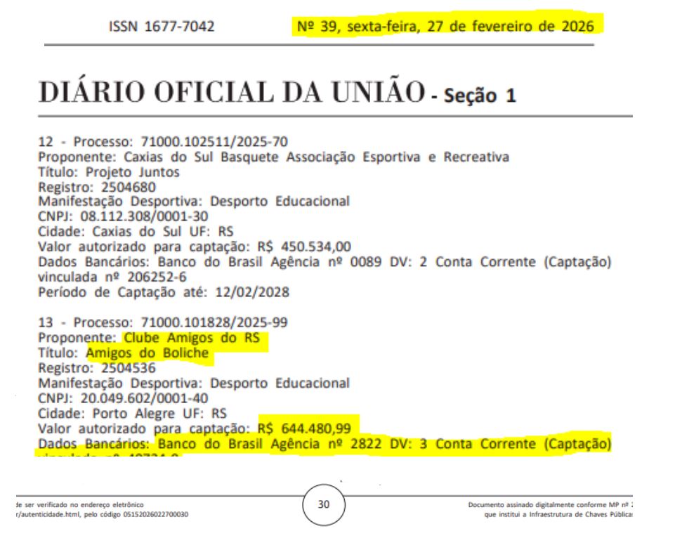 Publicação do projeto Amigos do Boliche no Diário Oficial da União