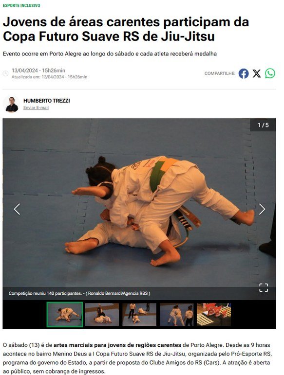 DG Online, 13/04/2024: Jovens de áreas carentes participam da Copa Futuro Suave RS de Jiu-Jitsu