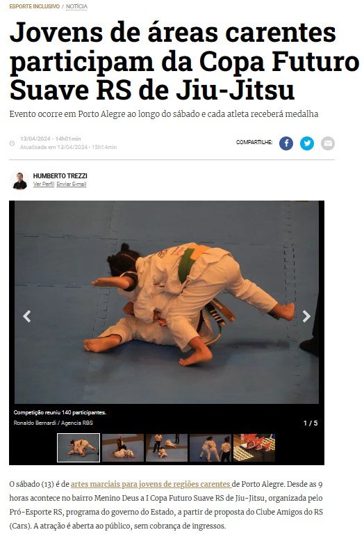 GZH, 13/04/2024: Jovens de áreas carentes participam da Copa Futuro Suave RS de Jiu-Jitsu